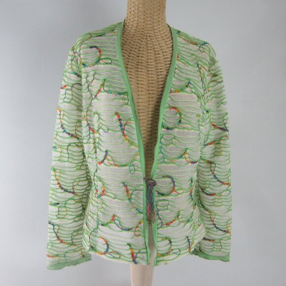 Canvasbacks Womens Large Green Multicolor Stripe Embroidered Knit Cardigan Boho - Picture 11 of 14